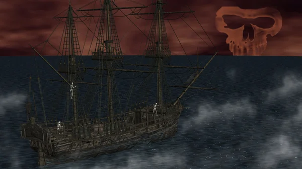 Esqueletos em um barco fantasma à noite — Fotografia de Stock