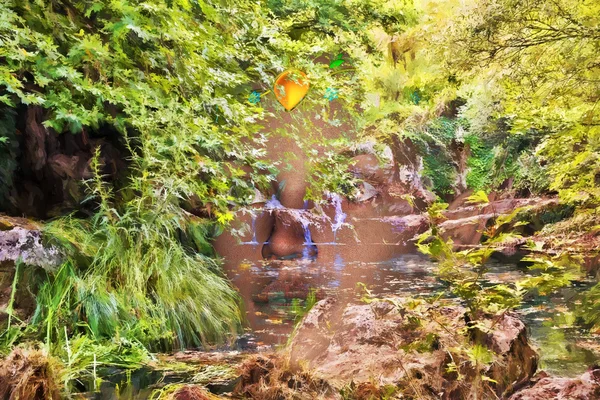 Górskie jezioro i wodospad z twarzy nimfy - efekt malowania — Zdjęcie stockowe
