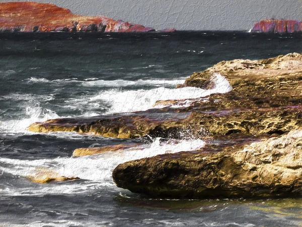 Pintura de Milos vista mar ilha com rochas e ondas — Fotografia de Stock