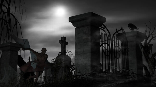 Illustration of a Vampire at a graveyard on a foggy night with full moon