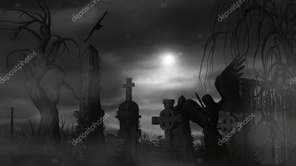 Dark Angel At A Graveyard On A Foggy Night With Full Moon Stock Photo C Ankarb 5574