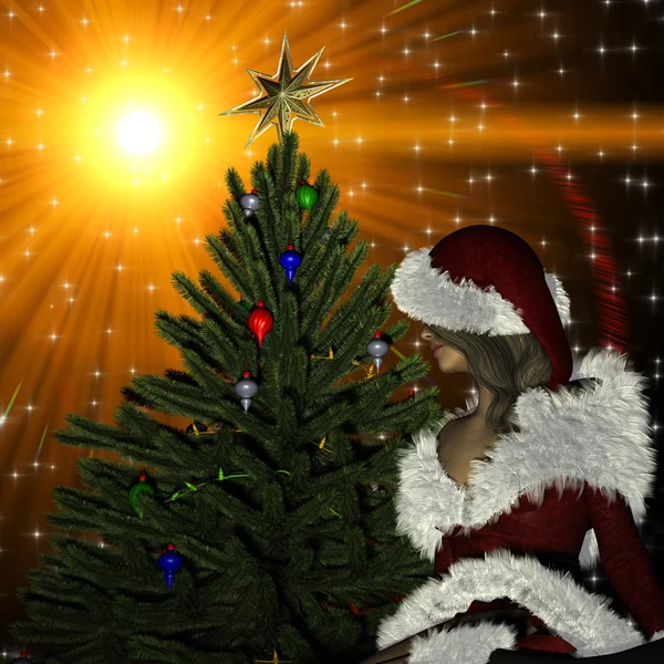 Молодая женщина в одежде Санта-Клауса на фоне Рождества — стоковое фото