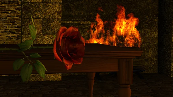 Red Rose Flower in front of a fireplace — Stock Photo, Image
