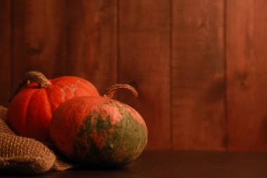 İki balkabağı, kahverengi ahşap arka planda çuval bezi. Yan görüş, kopyalama alanı, yakın çekim. Yiyecek, sonbahar, tatil, Şükran Günü, hasat mevsimi konsepti