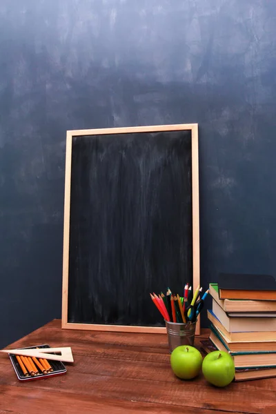School Supplies Fresh Apples Books Pencils Pot Blackboard Frame Wooden — Foto de Stock