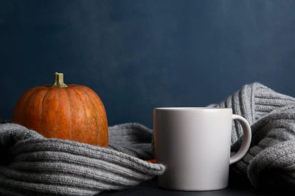 Mug with hot drink, orange pumpkin, grey woolen at dark blue wall background. Autumn hot drink, fall, spicy latte, thanksgiving, coffee shop menu concept. Close up