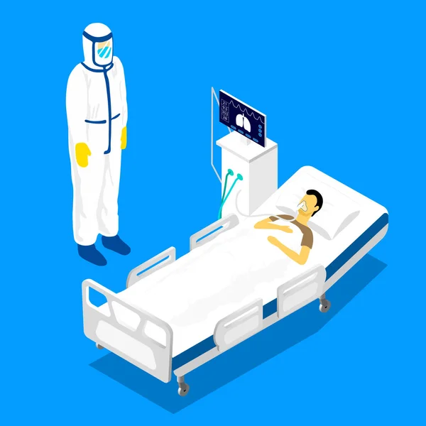 Dezenfeksiyon için dezenfekte edilmiş bir adam koğuşta koronavirüsü olan bir hastayla duruyor. Isometric konsepti