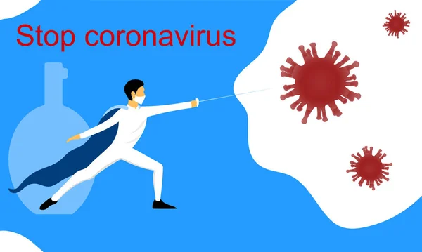 Doktor, kılıçlı bir silahşör kılığında virüsle savaşıyor. Koronavirüsü durdurun.