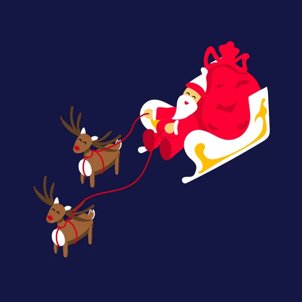 Isometric Santa Claus Rides Gifts Reindeer Sky — Stock Vector