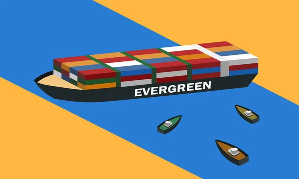 Denizcilik trafik sıkışıklığı vektör illüstrasyon kavramı. Konteynır kargo gemisi karaya oturmuş ve Süveyş Kanalı, Süveyş Kanalı tıkanıklığında sıkışmış..