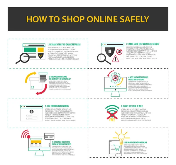 Shopping Online Consigli Sicurezza Infografica Modello Progettazione Vettoriale Suggerimenti Sicurezza — Vettoriale Stock