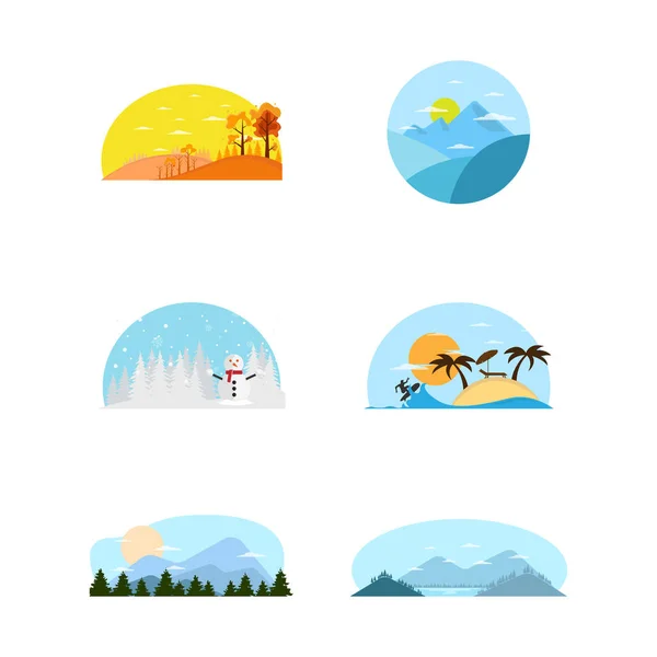 Seasonal landscape flat design image vector set. Beautiful flat set with colourful seasons for decoration design. Four seasons: autumn, winter, spring, summer