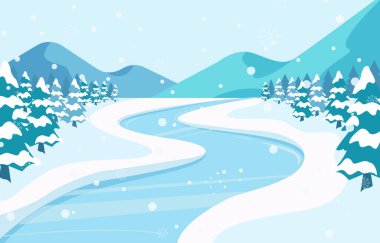 Çam ormanları ve dağlardan akan kıvrımlı donmuş bir nehir ya da karlı bir yol içeren manzaralı kış vektörü çizimi.