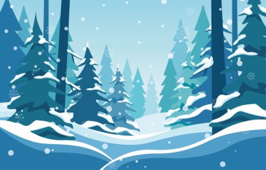 Atmosferik kış vektör çizimi, uzun çam gövdeleri ve katmanlı ağaçlarla derin ve karlı bir ormanın içini gösteriyor..