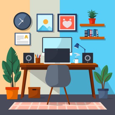 Düz vektör tarzında rahat bir ofis içinde bilgisayar masası, kapalı mekan bitkileri, duvar resimleri, raflar ve rahat çalışma alanı kurulumu. Uzaktan çalışma, üretkenlik ve modern ofis kavramları için ideal..