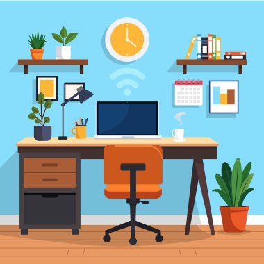 Bilgisayarı, kablosuz ağ sembolü, duvar saati, takvimi ve organize rafları olan akıllı bir ofis çizimi. Bağlı çalışma alanını ve uzak çevrimiçi çalışmayı temsil eden düz vektör tasarımı