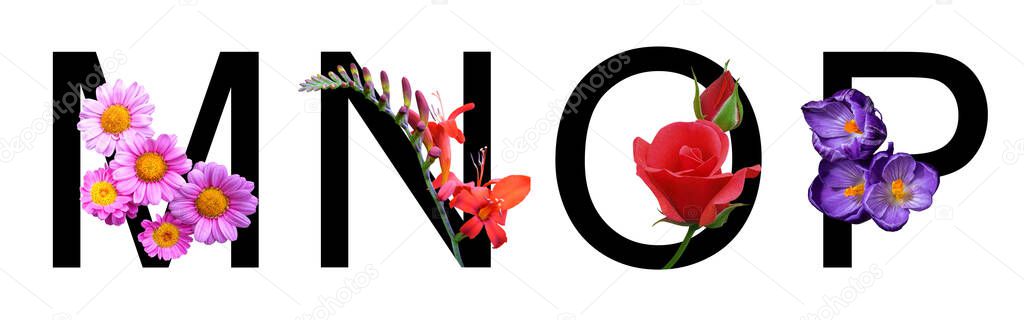 Flower font alphabet m, n, o, p made of real flowers. Collection of flora font for decoration in spring, summer concept.