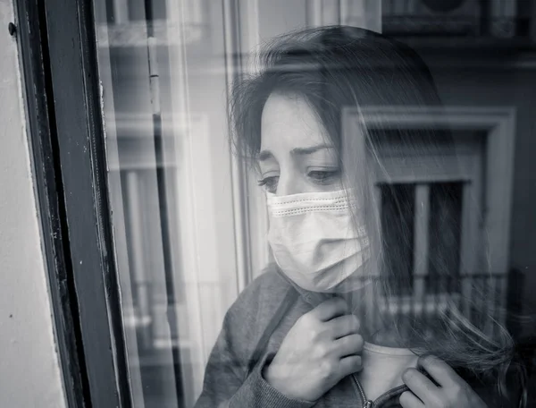 Young Beautiful Depressed Unhappy Caucasian Woman Looking Worried Sad Window — Stock Photo, Image