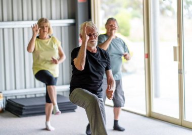 Group of seniors in Tai Chi class exercising in an active retirement lifestyle. Mental and physical health benefits of exercise and fitness in elderly people. Senior health care and wellbeing concept. clipart