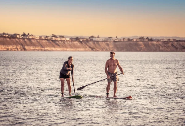 Mature Caucasian Couple Sup Paddleboarding Having Fun Quiet Calm Sea — Stock Photo, Image