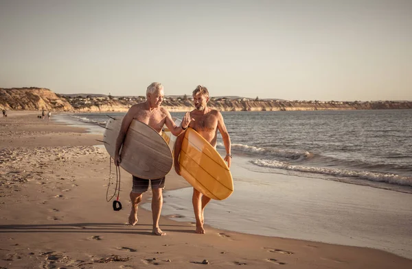 Two Mature Men Walking Surfboards Beautiful Beach Enjoying Paradise Retirement — Stock Photo, Image