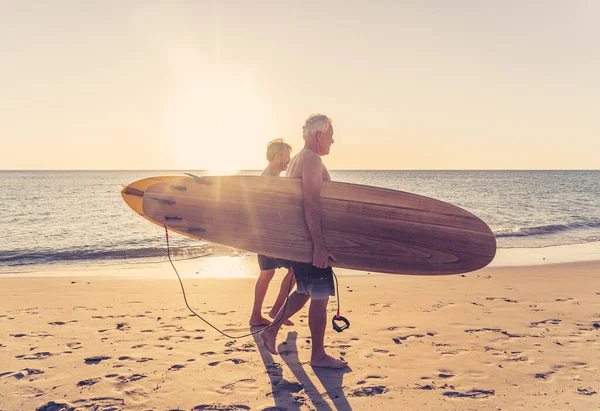 Two Mature Men Walking Surfboards Beautiful Beach Enjoying Paradise Retirement — Stock Photo, Image
