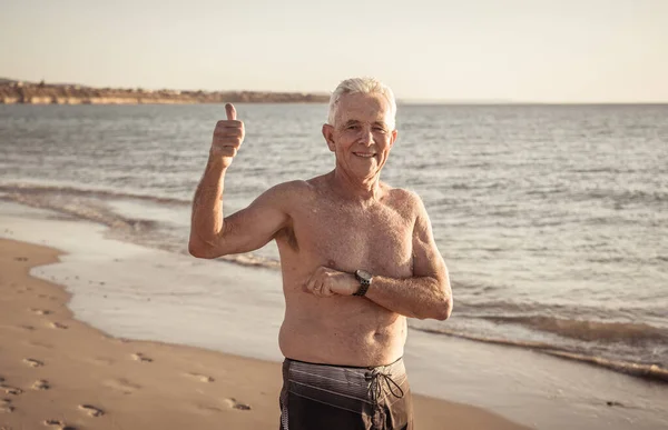 Outdoors Portrait Happy Mature Senior Man Empty Remote Beach Retired — Stock Photo, Image