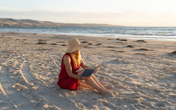 Happy Attractive Mature Woman Red Dress Reading Relaxing Empty Beach — Stock Photo, Image