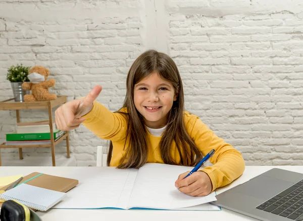 Happy Schoolgirl Laptop Studying Online Virtual Remote Class Internet Home — Stock Photo, Image