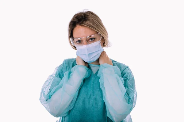 Sad Overwhelmed Female Doctor Nurse Wearing Protective Face Mask Depressed — Stock Photo, Image