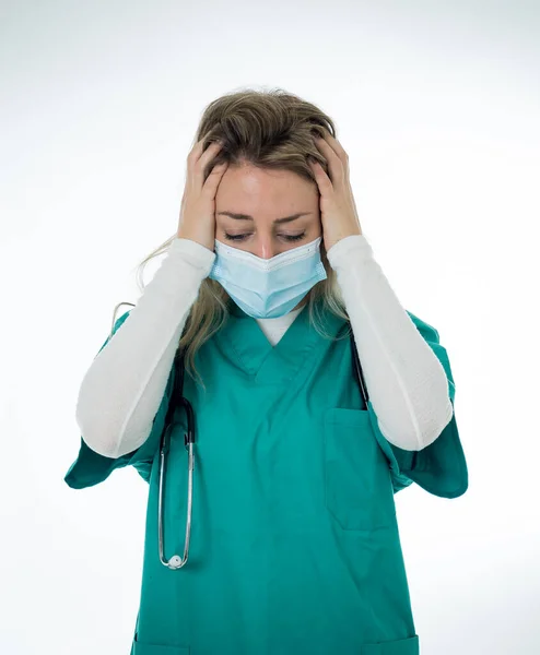 Sad Overwhelmed Female Doctor Nurse Wearing Protective Face Mask Depressed — Stock Photo, Image