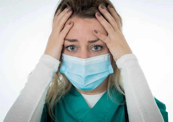 Sad Overwhelmed Female Doctor Nurse Wearing Protective Face Mask Depressed — Stock Photo, Image