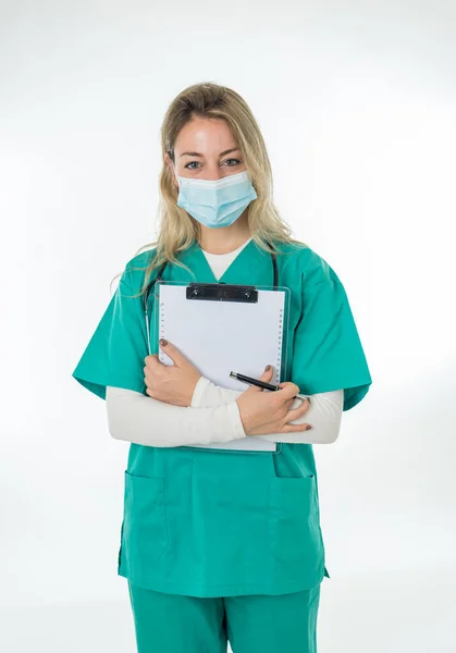 Retrato Feliz Confiante Médico Enfermeiro Vestindo Esfregaço Proteção Máscara Facial — Fotografia de Stock