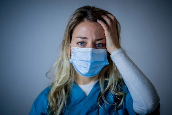 Portrait Sad Overwhelmed Doctor Nurse Wearing Protective Face Mask Looking — Stock Photo, Image