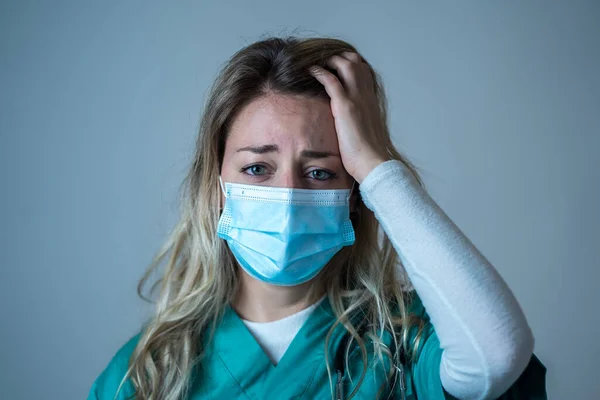 Portrait Sad Overwhelmed Doctor Nurse Wearing Protective Face Mask Looking — Stock Photo, Image