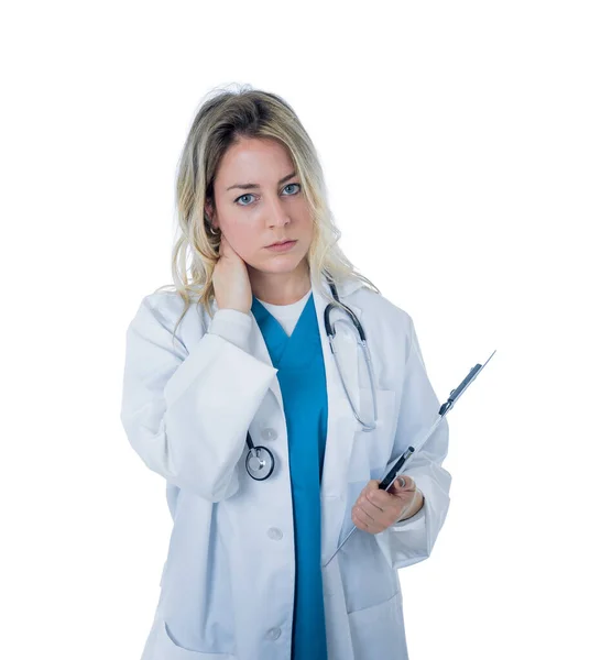 Zdrcená Doktorka Nebo Sestra Bílém Kabátě Přes Zelenou Uniformu Nemocnice — Stock fotografie