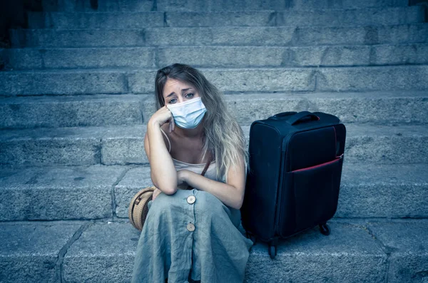 Summer Travel Covid Tourism Sad Tourist Woman Luggage Facemask Could — Foto de Stock