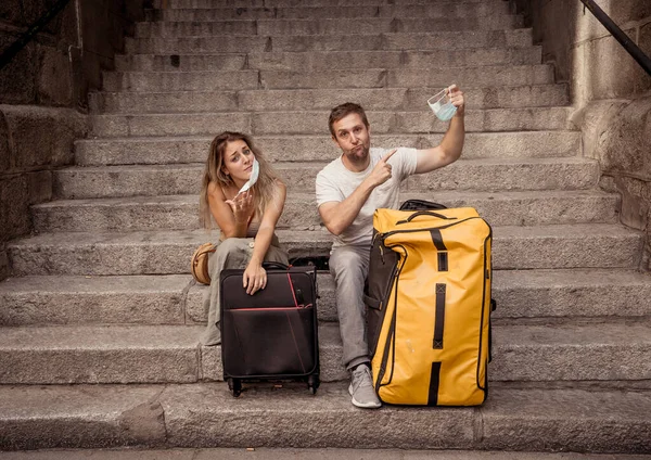 Unhappy Tourist Couple Able Travel Abroad Due Post Covid Travel — Foto de Stock