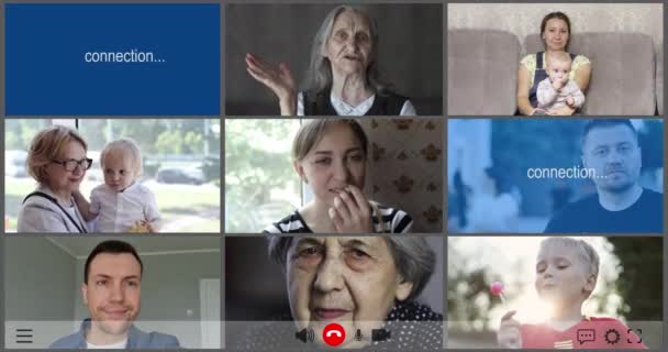 Grupo de adultos y niños que utilizan tecnología de videoconferencia para videollamadas — Vídeos de Stock