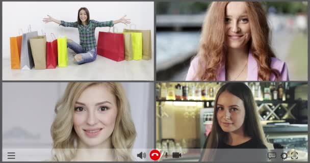 Group young women using video conferencing technology for video call — Stock Video