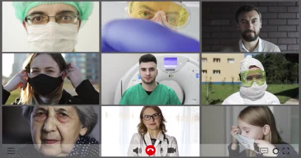 Grupo usando tecnologia de videoconferência em hospitais para videochamada. — Vídeo de Stock