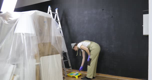 Ressam kadın ruloyu turkuaz boyayla plastik bir palete daldırdı.. — Stok video