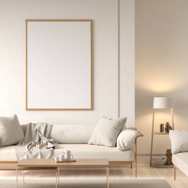 Modern mobilyalarla İskandinav tarzı iç mimari modeller yap. Minimalist iç tasarım. 3B illüstrasyon.