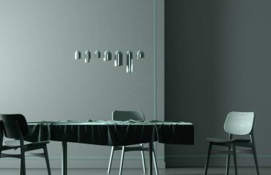 İskandinav tarzı yemek odası, ahşap sandalye ve masa. Minimalist yemek odası tasarımı. 3B illüstrasyon.