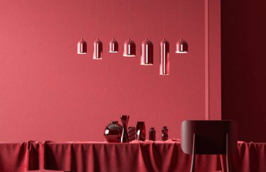 İskandinav tarzı yemek odası, ahşap sandalye ve masa. Minimalist yemek odası tasarımı. 3B illüstrasyon.
