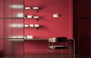 Ahşap çalışma masasıyla modern stil iç mekan. Minimalist iş yeri tasarımı. 3d illüstrasyon.