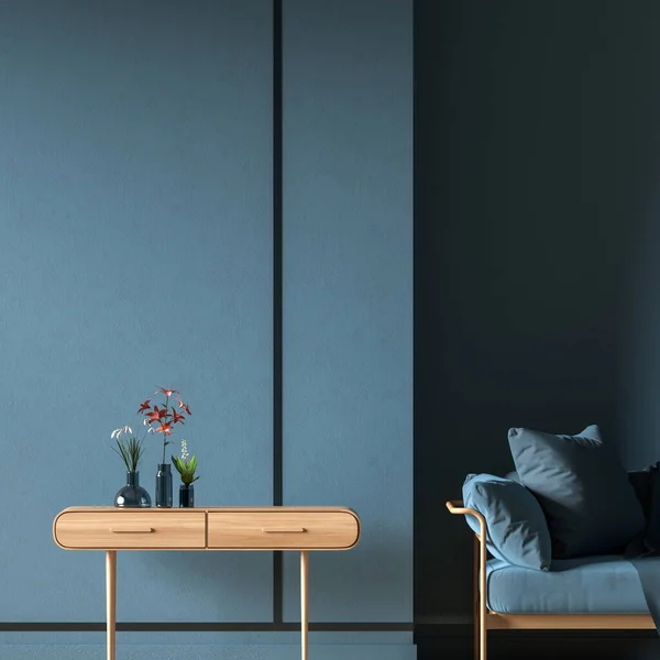 Boş duvar, İskandinav tarzı iç dekorasyonla modellenir. Minimalist iç tasarım. 3B illüstrasyon.