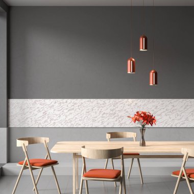 Ahşap yemek masası ve sandalyeleri olan modern ferah mutfak tasarımı. Minimalist mutfak tasarımı. 3B illüstrasyon