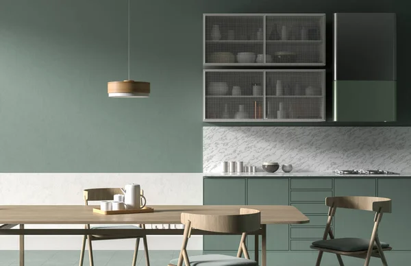 Moderne Rummeligt Køkken Design Med Træ Spisebord Stole Minimalistisk Køkken - Stock-foto