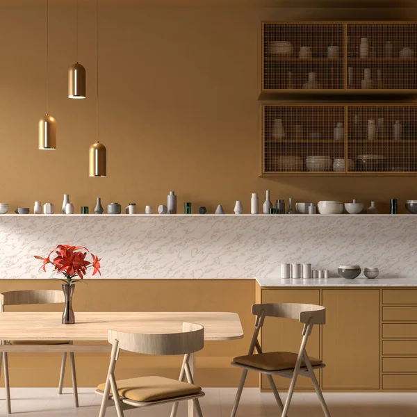 Moderna Cucina Spaziosa Design Con Tavolo Pranzo Sedie Legno Design — Foto Stock